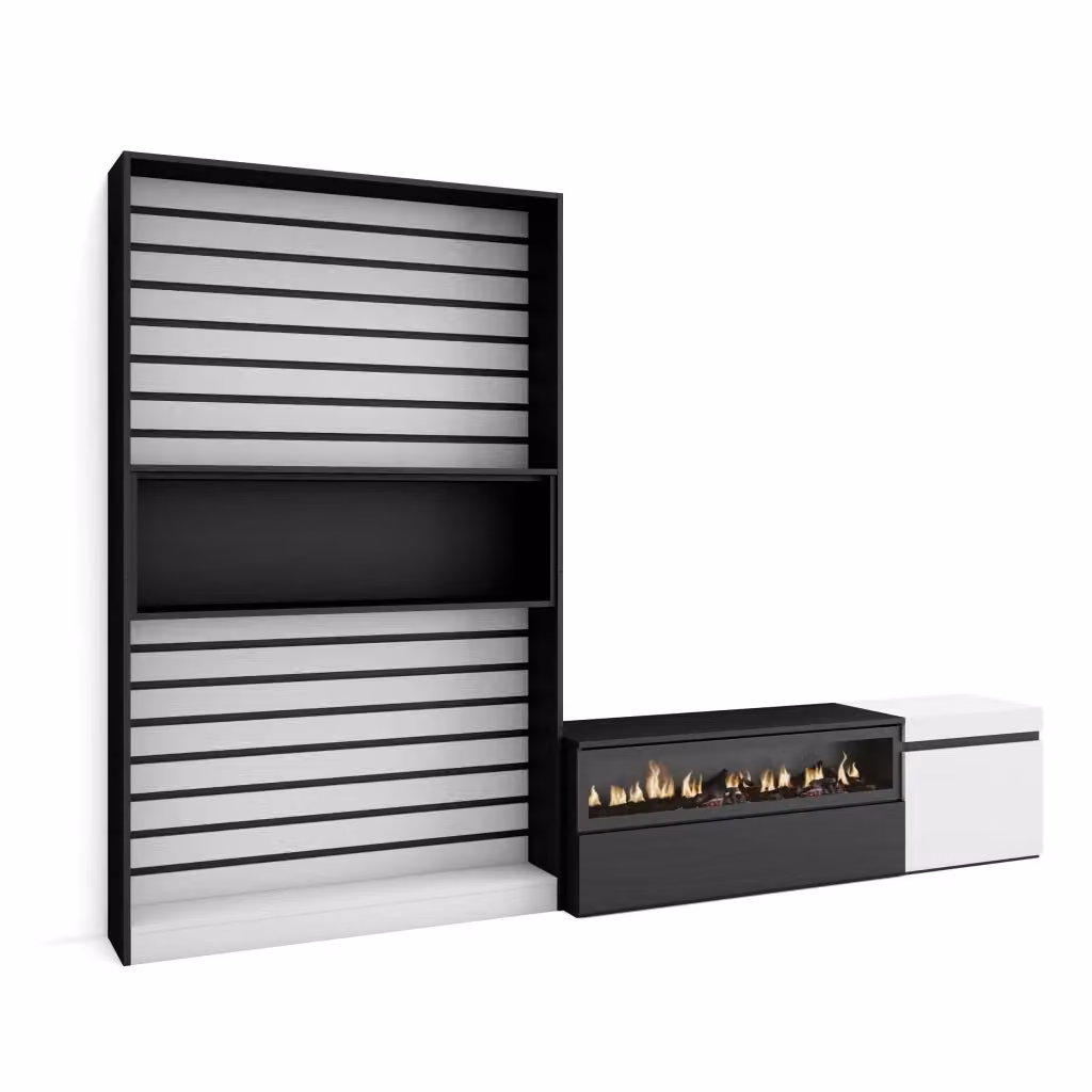 Mobile TV per soggiorno Skraut Home con camino elettrico, Bianco e nero, L: 260 cm, P: 35 cm, H: 186 cm – 2