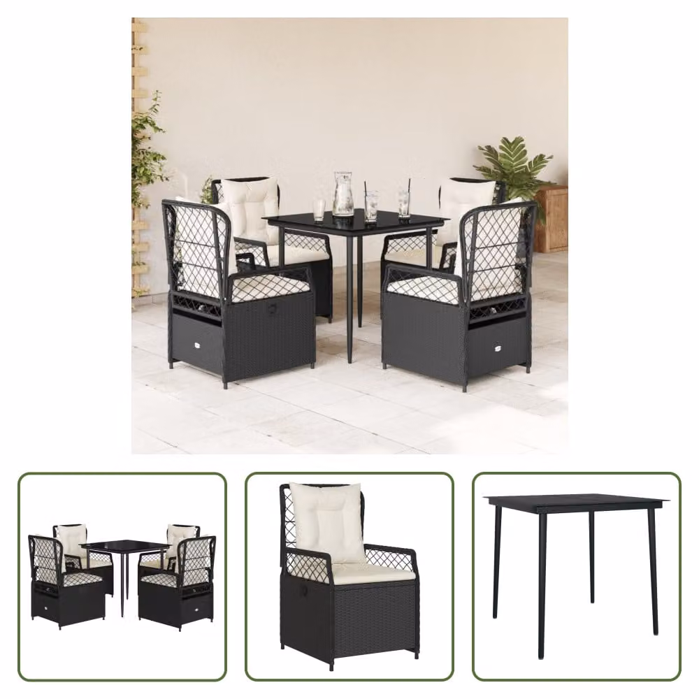The Living Store Set da pranzo da giardino 5 pezzi con cuscini in poly rattan nero