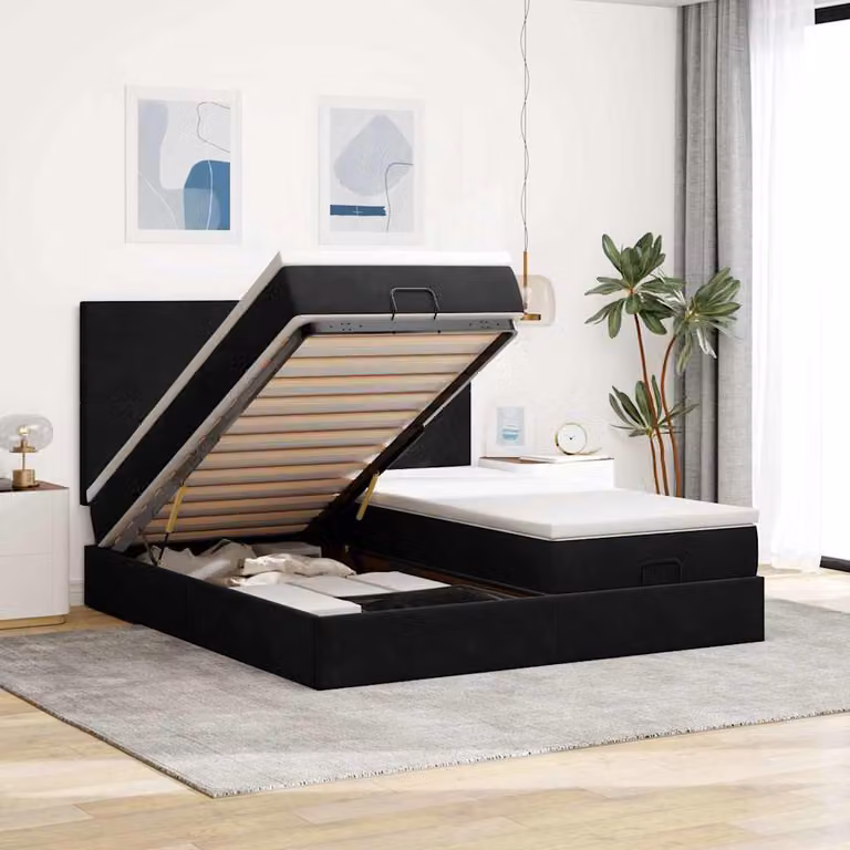 Letto con contenitore a sollevamento vidaXL in velluto nero, L: 160 cm, P: 200 cm, H: 280 cm