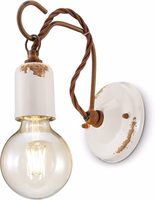 Applique Vintage Ferroluce in Ceramica Bianca con Lampadina E27 a Luce Orientata verso il Basso