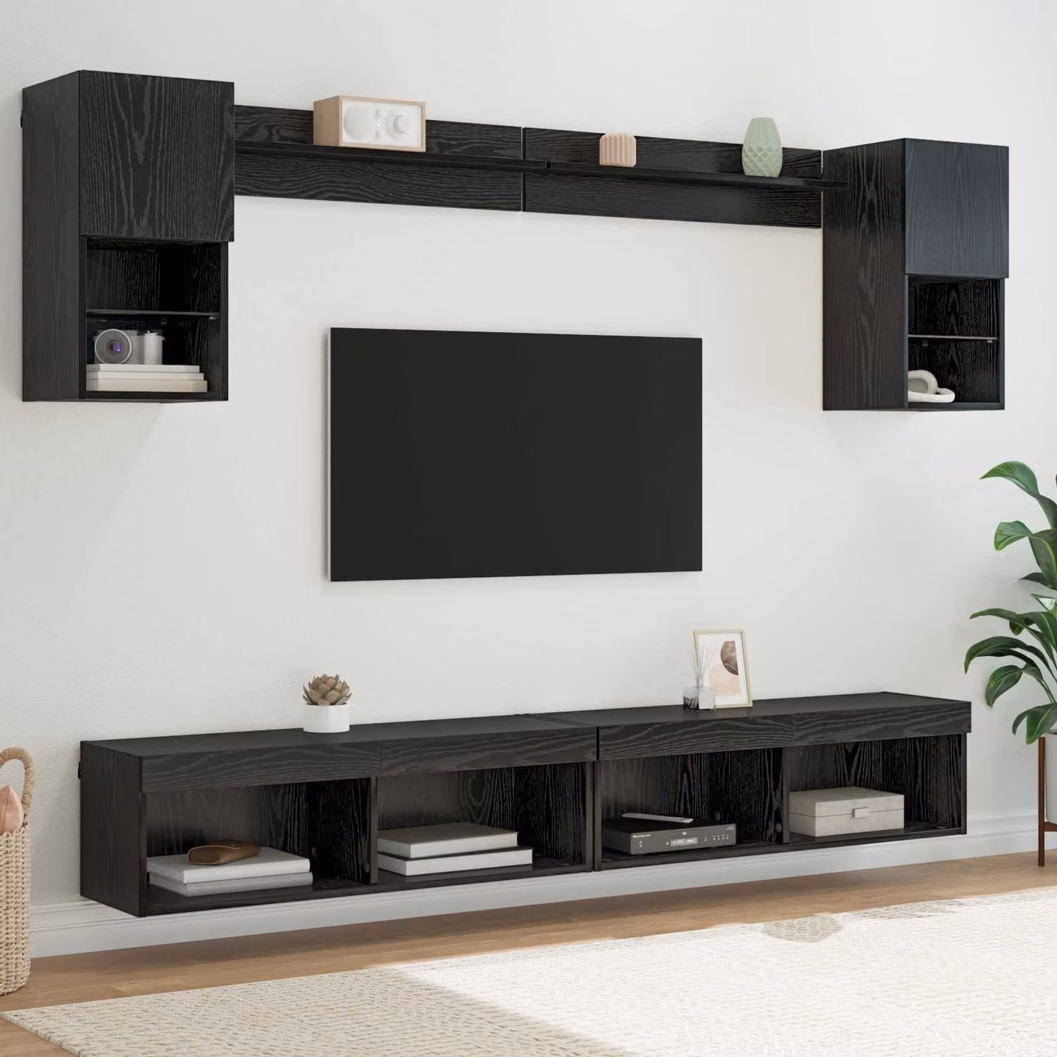 Unità a muro per TV moderna vidaXL con illuminazione LED integrata, 6 pezzi, Rovere e Nero – 1