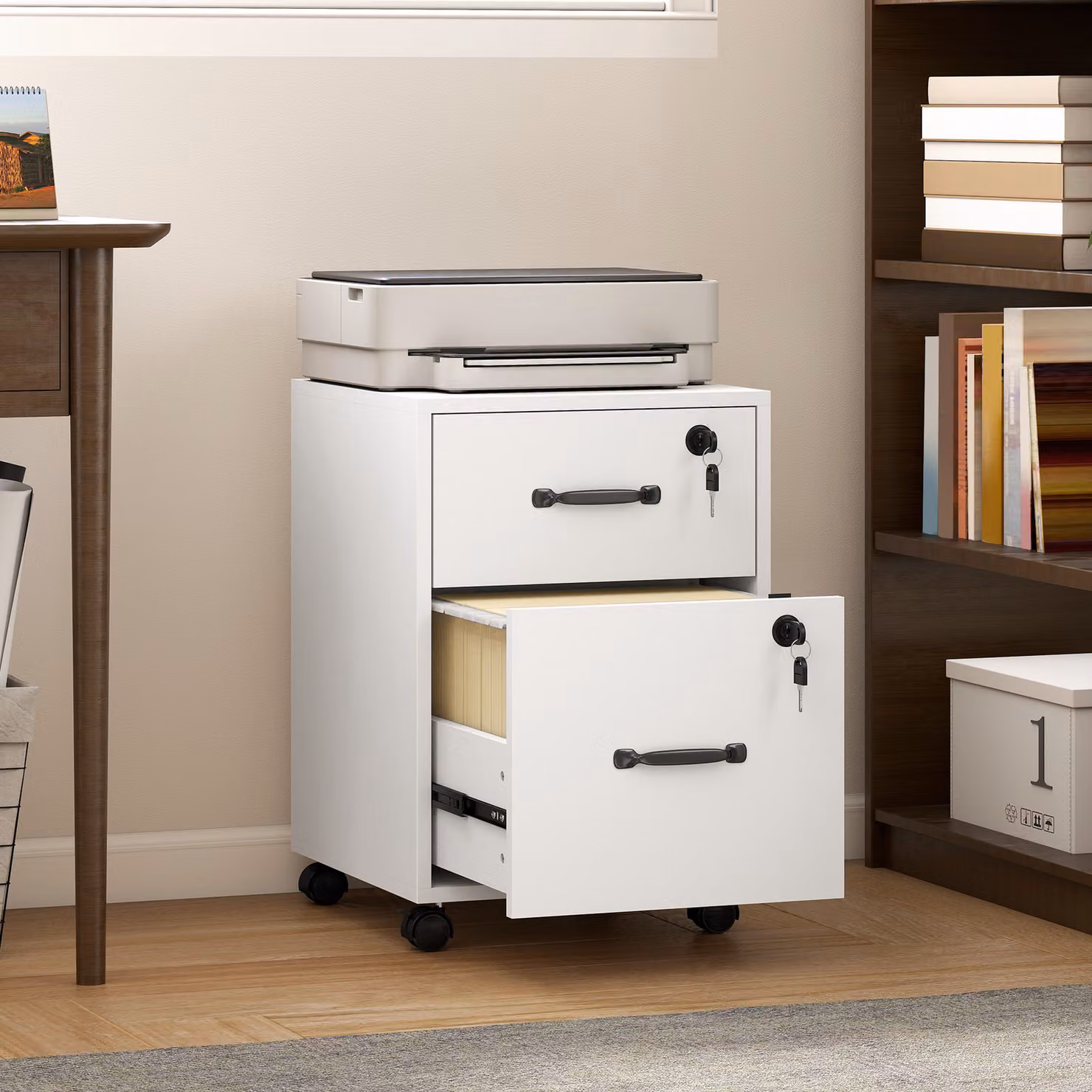 Schedario da ufficio HOMCOM con 2 cassetti e ruote con freno, cassettiera per formato A4, Bianco, L 40 cm x P 40 cm x H 54.1 cm – 2