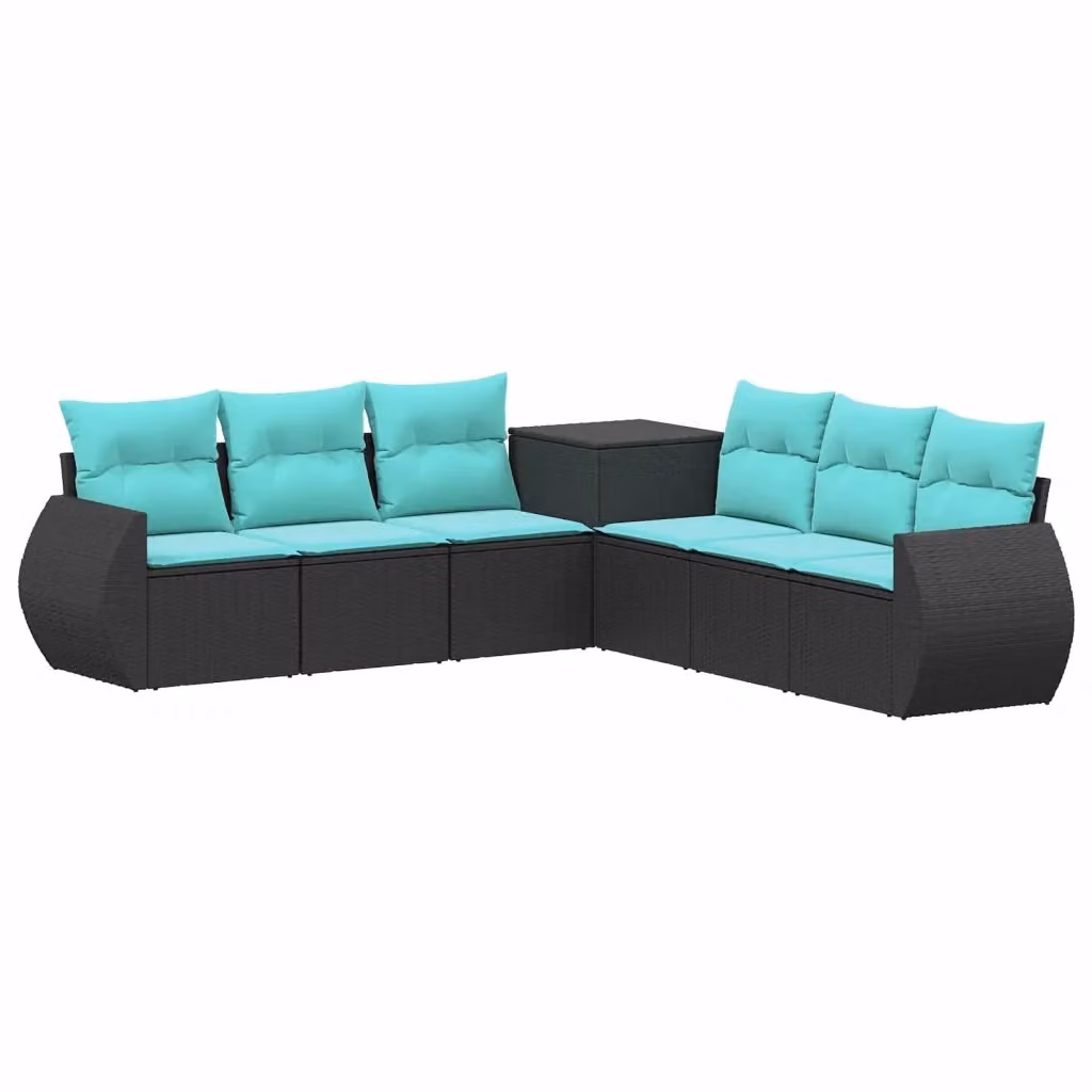 Set di divani da giardino vidaXL a forma di L in rattan sintetico e metallo, colore nero e blu, composto da 7 pezzi con cuscini inclusi – 2