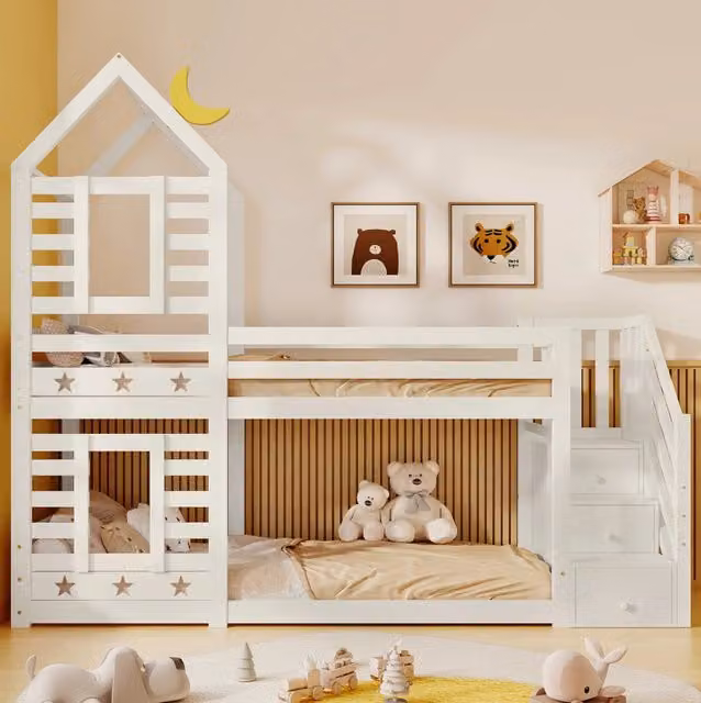 Letto a soppalco per bambini 90x200 cm in legno massiccio di pino con cassetti e protezioni, colore bianco