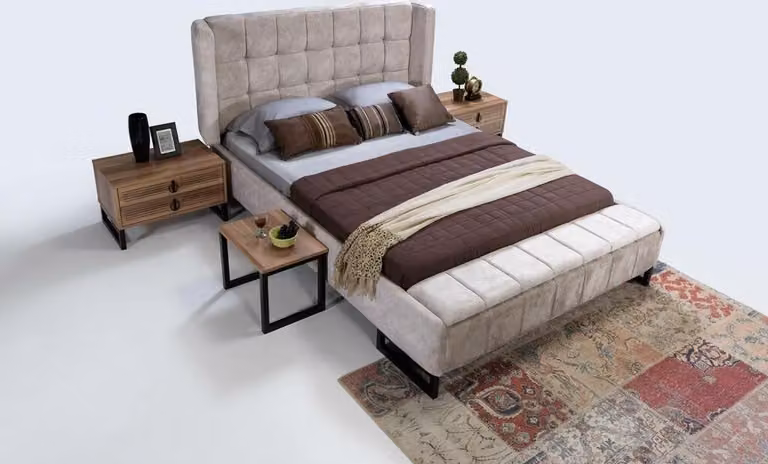 Bett Doppelbett Möbel Einrichtung Schlafzimmer Design Stoff Textil