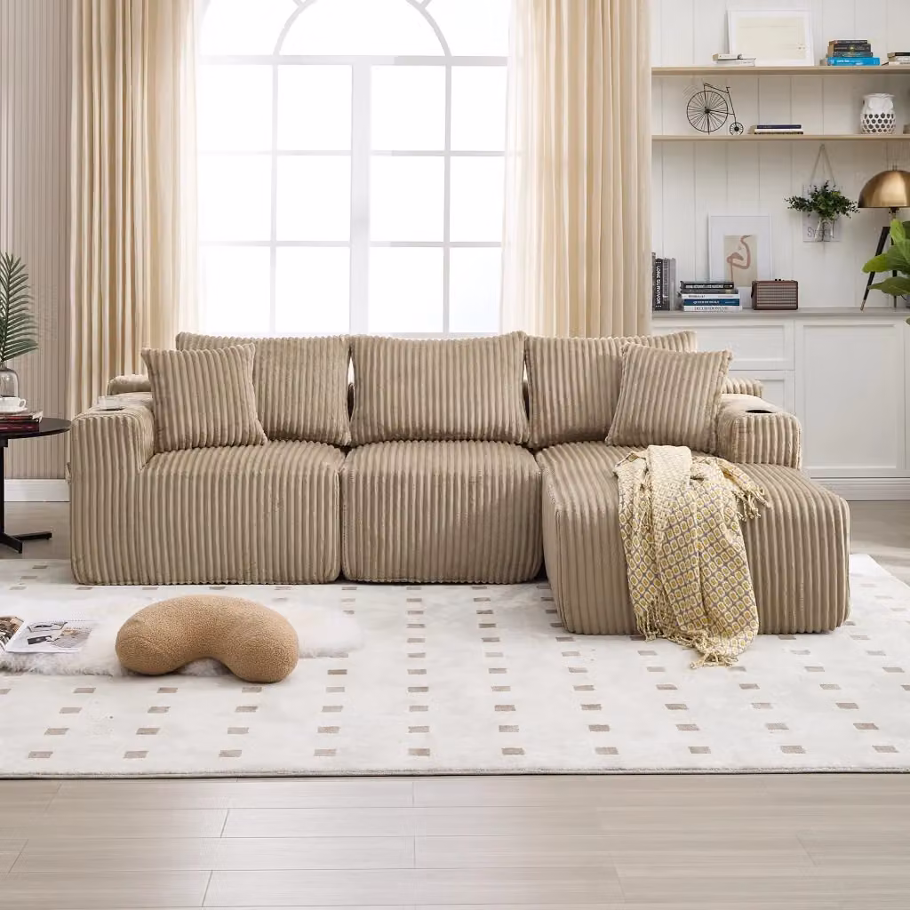 Divano modulare L-shape Mivray in velluto a coste verde e beige con chaise longue, 5 cuscini, tasche laterali e portabicchieri L/P/H: 257 x 154,3 x 90 cm – 2