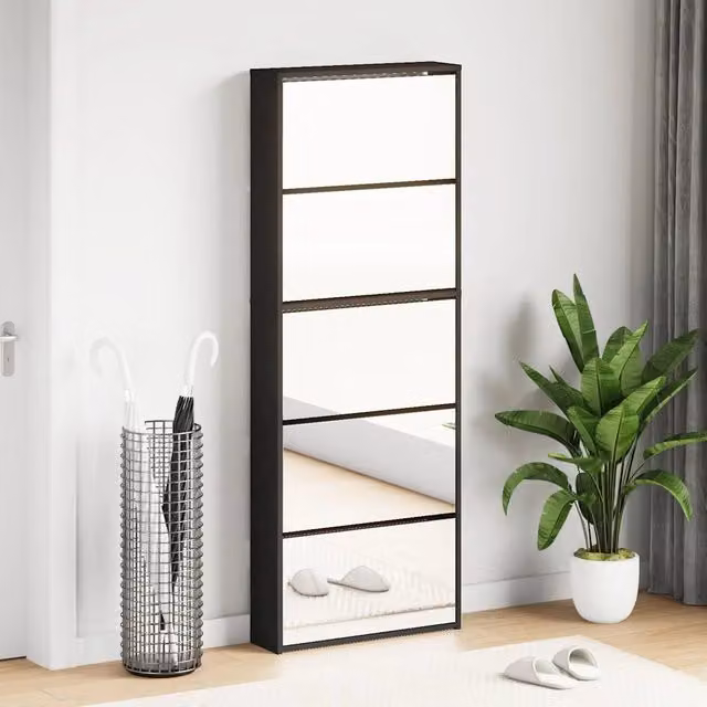 Scarpiera con Specchio a 5 Livelli-Mobile con specchio Nera 63x17x169,5 cm
