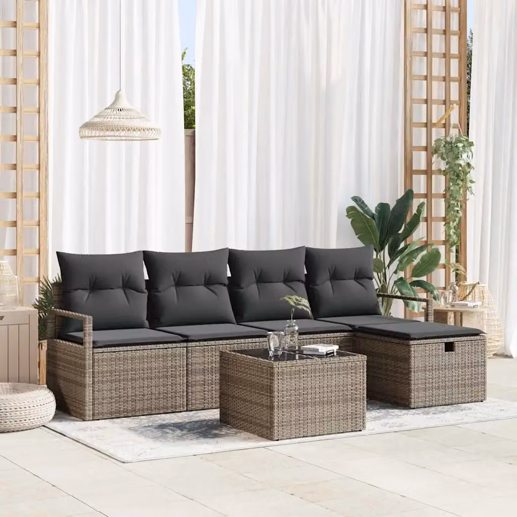 Set di divani da giardino vidaXL a forma di L con cuscini e tavolino, 6 pezzi, Grigio – 1