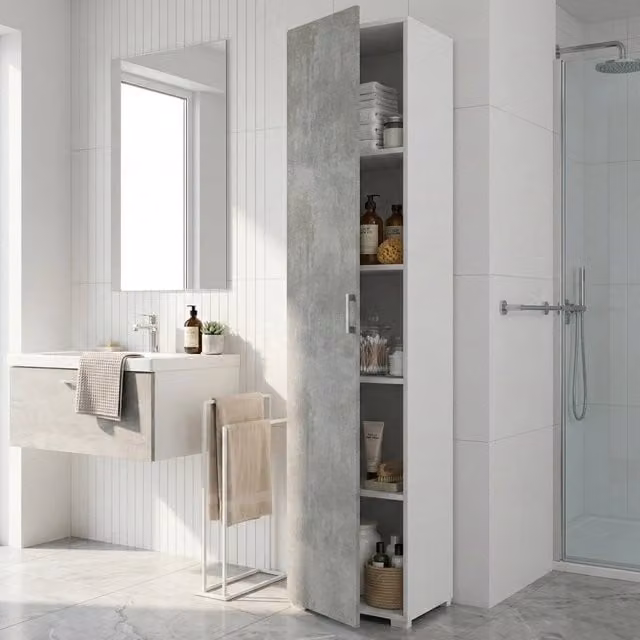 Armadio Multiuso Aloise DMORA con 1 Anta e 4 Ripiani, Grigio Cemento, L: 45 cm, H: 195 cm – 1