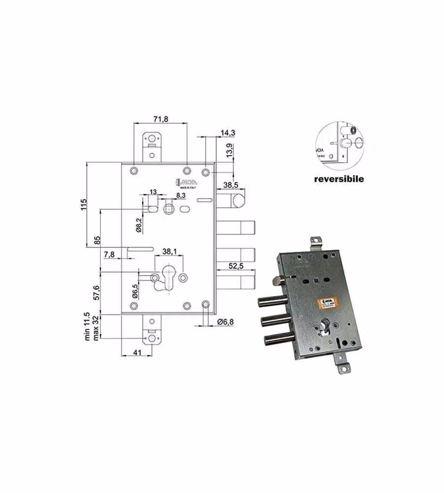 Serratura Sic.Triplice Moia con Cilindro E63 Rci664+21/380 Colore Argento e Protezione Trapano