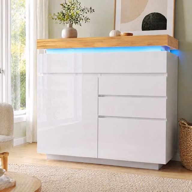 Credenza 110x39x115 cm bianca in truciolare, LED e 3 cassetti