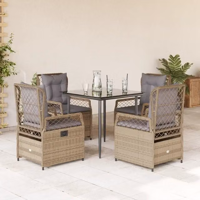 Set da pranzo da giardino vidaXL in polyrattan con tavolo in vetro e 5 sedie con cuscini beige
