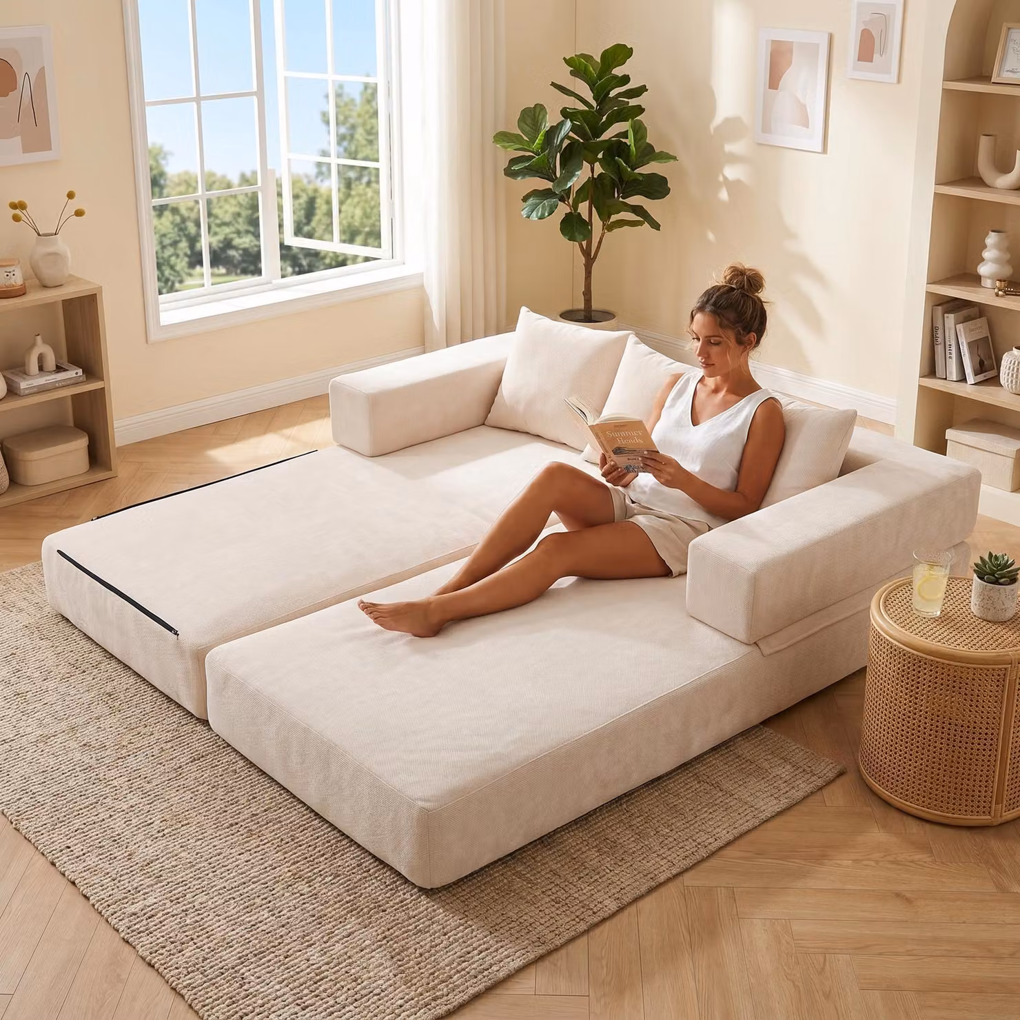 LVHOM Divano letto modulare in ciniglia, divano pieghevole da terra con tasca laterale, divano imbottito pieghevole 198x79/159cm, beige