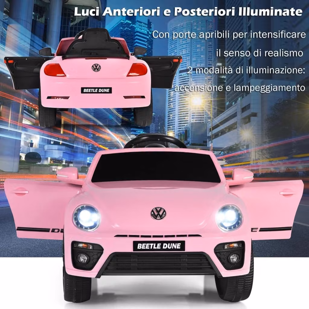Auto Elettrica Volkswagen per Bambini Costway con Telecomando, Luci e Musica, Colore Rosa – 2