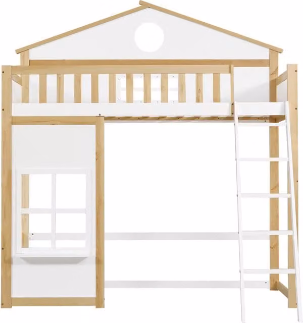 Letto a castello per bambini con tetto e finestra, struttura in pino e MDF, scala, protezioni di sicurezza, 90x200 cm, bianco e naturale