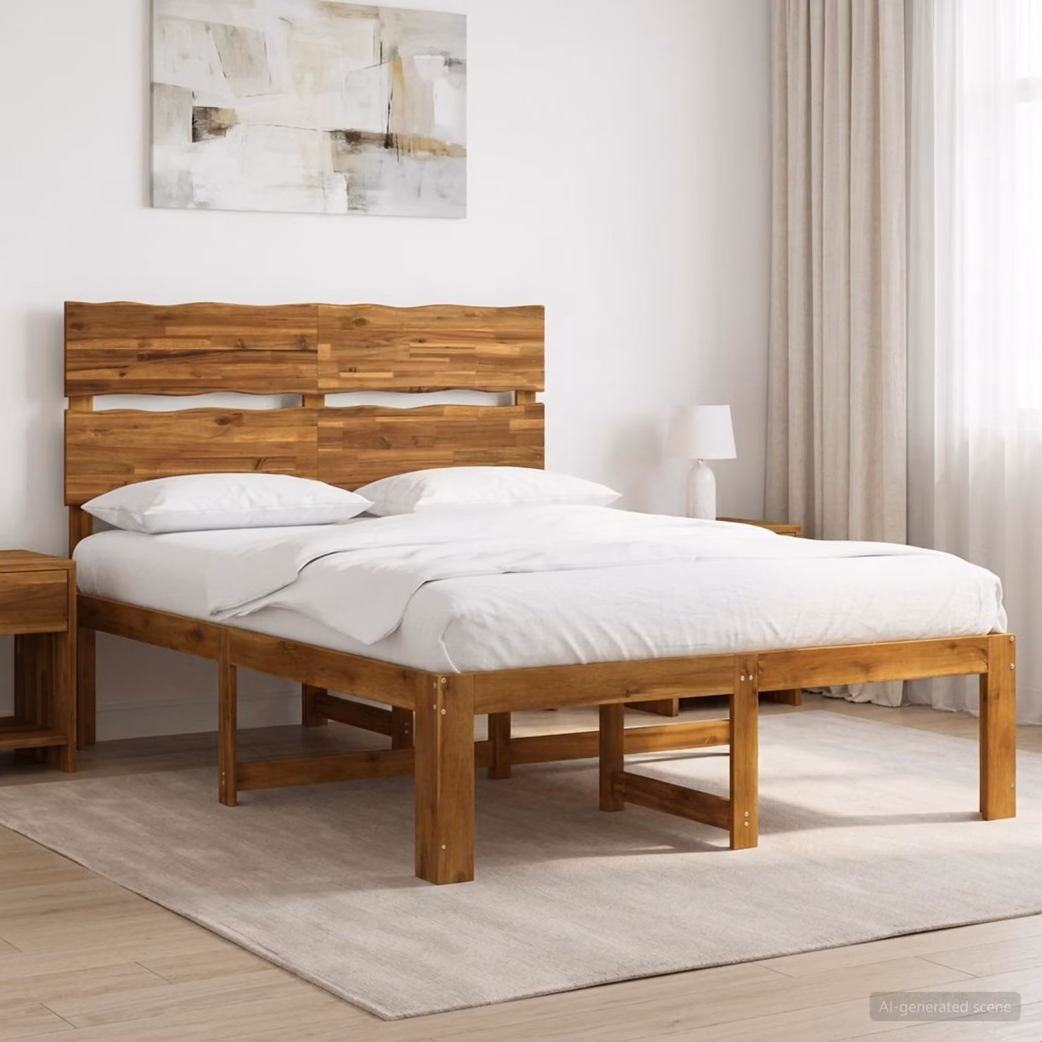 Letto matrimoniale con testiera vidaXL ROSTOCK in legno di acacia naturale, colore marrone, L: 152 cm, P: 203 cm, H: 115 cm