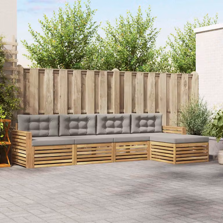 Set di divani da esterno vidaXL a forma di L con pouf, struttura in legno di acacia e cuscini inclusi, Bianco e Grigio