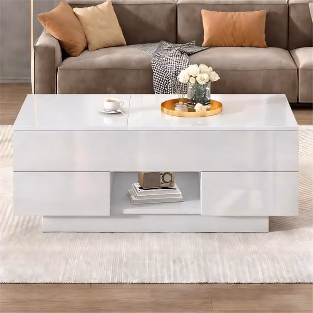 Desviae Tavolino basso sollevabile con 2 cassetti e LED per soggiorno in pannello di particelle bianco lucido 100 × 45 × 43 cm