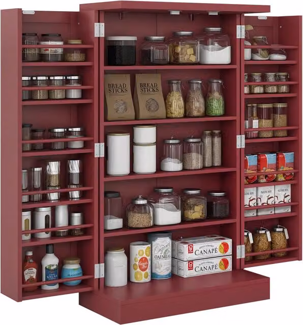Mobile Dispensa da Cucina 2 Ante con 5 Ripiani e 12 Portaspezie Rosso 60 x 30 x 104 cm Salvaspazio Pratico