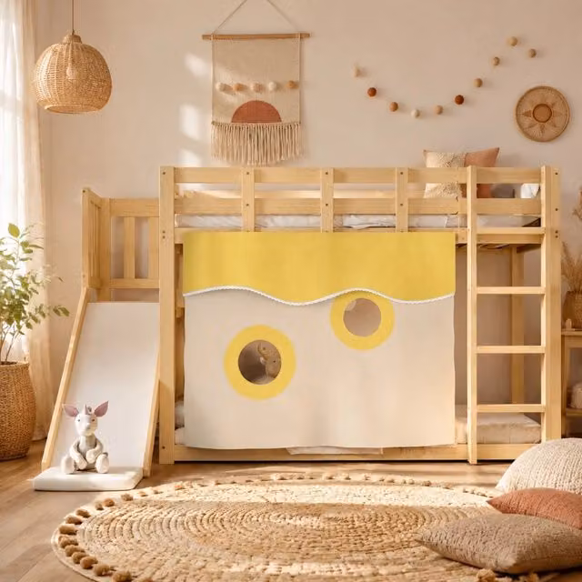 Letto a soppalco singolo MIVRAY in legno di pino con scala, scivolo, tende e sponde di protezione, L/P/H: 200 x 90 x 165 cm
