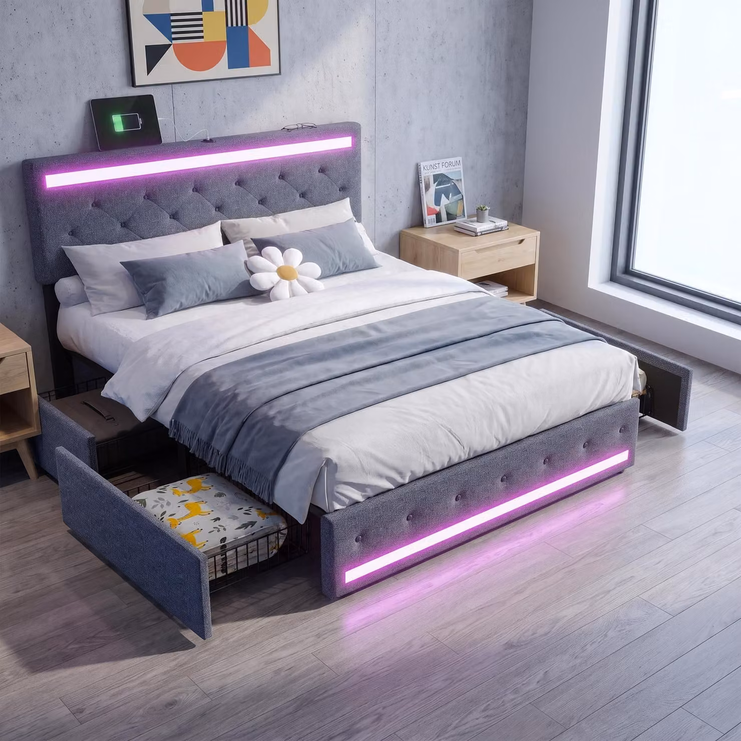 Letto imbottito INONEFT, 140x190 cm, con testiera regolabile in altezza, letto matrimoniale con rete a doghe e 4 cassetti, dotato di luci LED e presa USB, rivestito in lino, colore grigio