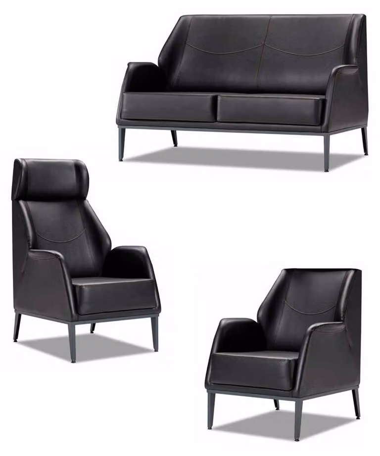Schwarze Wohnzimmer Ledergarnitur Moderner 2-Sitzer 2x Lehnsessel 3tlg
