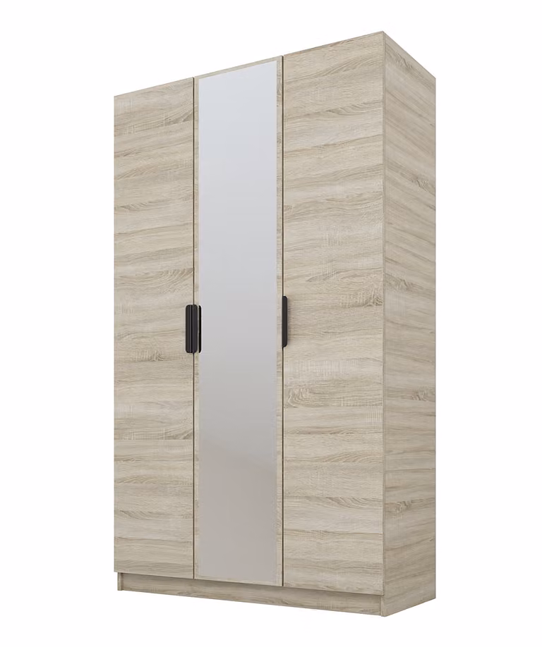 PAWS MOBEL Armadio inclinabile in rovere Sonoma 120x52x200 cm, armadio a tre ante aperto con specchio, con ripiani e appendiabiti