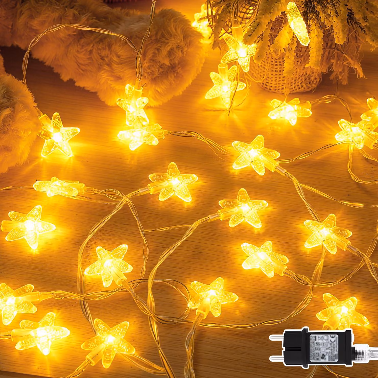 Catena luminosa a forma di stelle, 15 metri, 100 LED, luce bianca calda, grado di protezione IP65, con timer