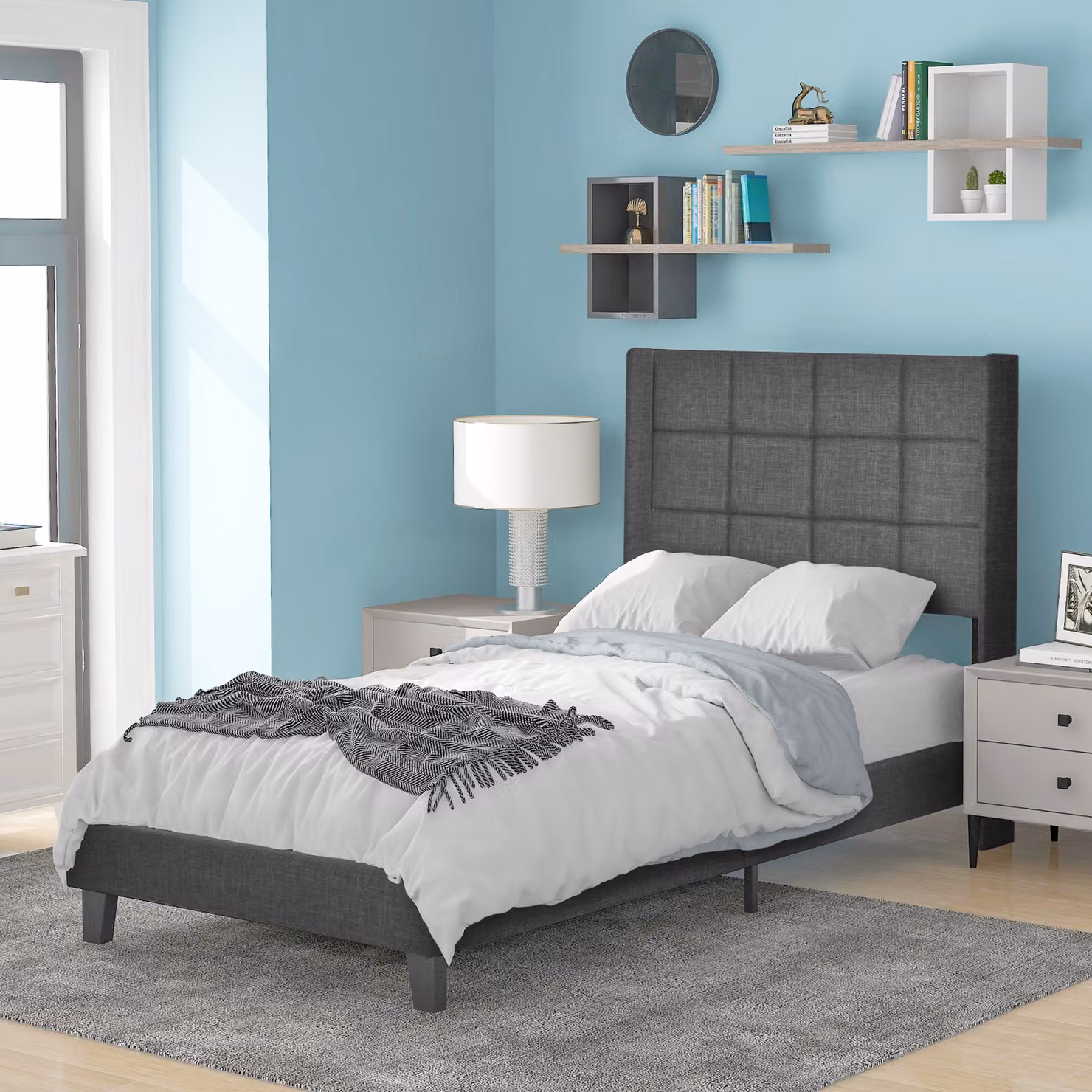 Letto imbottito Sweiko letto matrimoniale classico 90x200 cm con rete a doghe e testata in legno, grigio