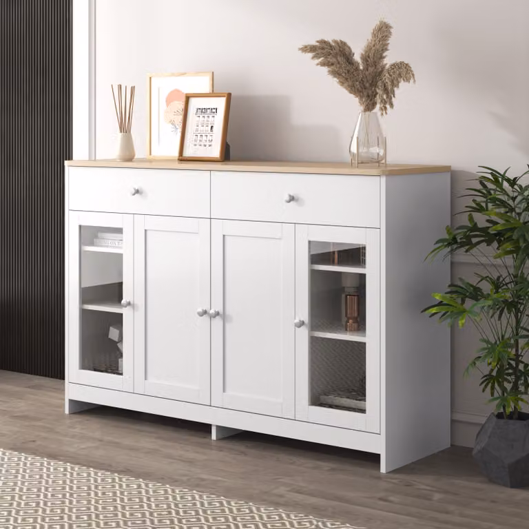 Credenza Sweiko con venature del legno bianco, quattro ante, con due cassetti, anta con vetro, colore legno e bianco