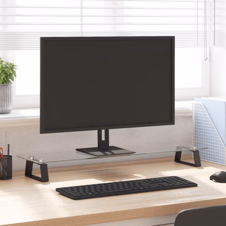 vidaXL Supporto per Monitor in Vetro Temperato e Metallo, Nero e Trasparente, L 80 x P 20 x H 8 cm