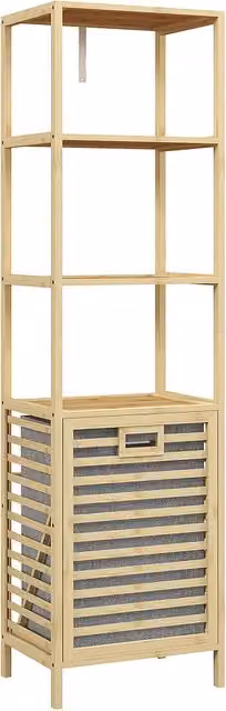 Scaffale da Bagno in Bambù Naturale 44x33x160 cm, Salvaspazio con 3 Ripiani Aperti, Cesto in Tessuto Estraibile, Protezione Antiribaltamento e Base Alta
