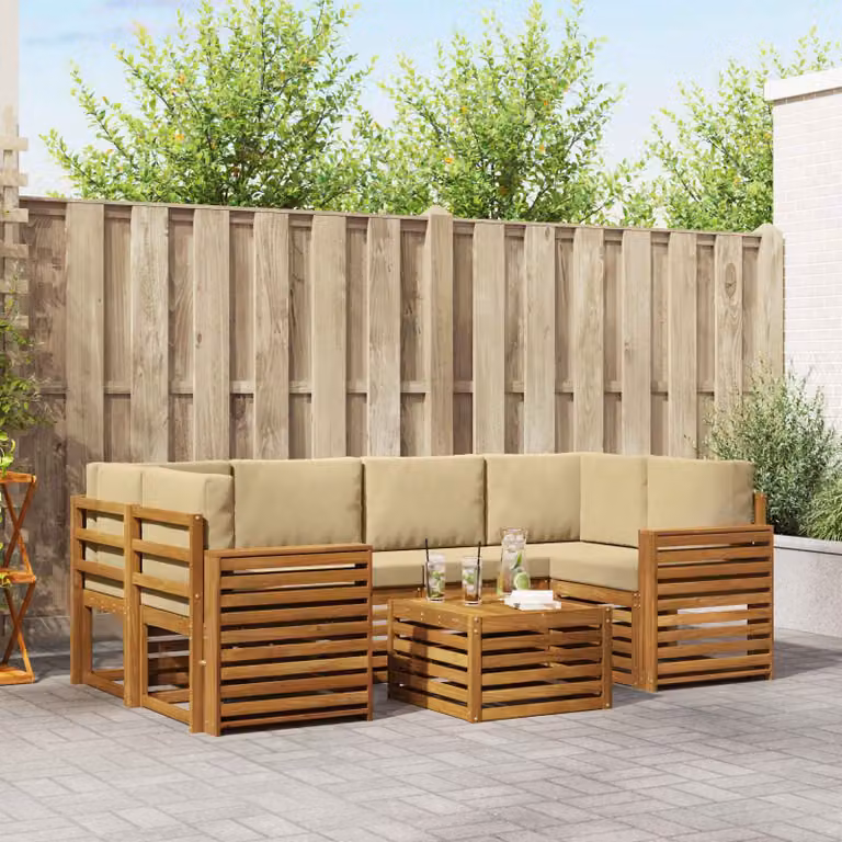 Set di divani da esterno vidaXL 7 pz in legno di acacia con tavolo da caffè, colore beige e marrone