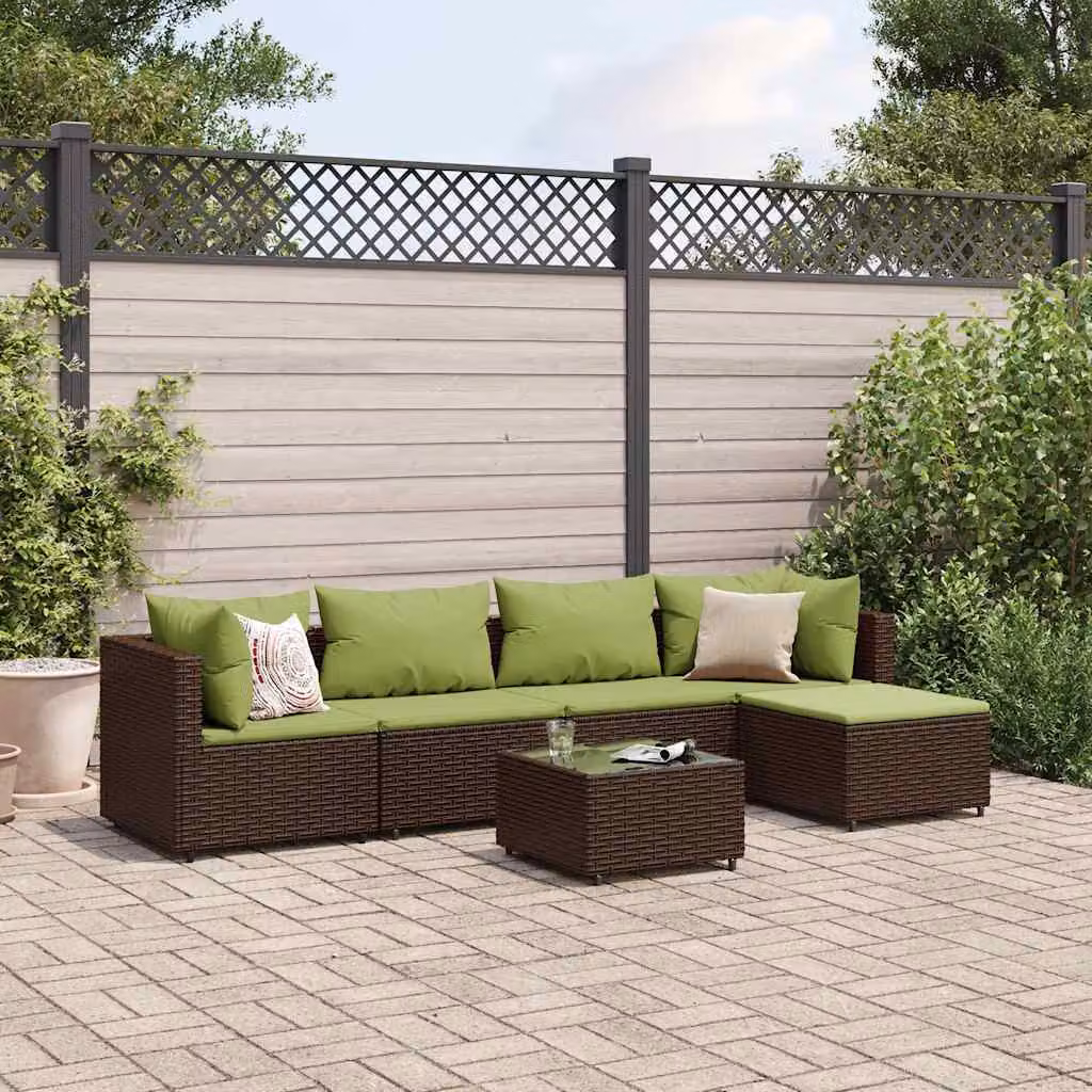 Set di mobili da giardino vidaXL 6 pezzi in rattan con cuscini e tavolino da caffè, design moderno a L con struttura in acciaio e colore marrone e verde – 1