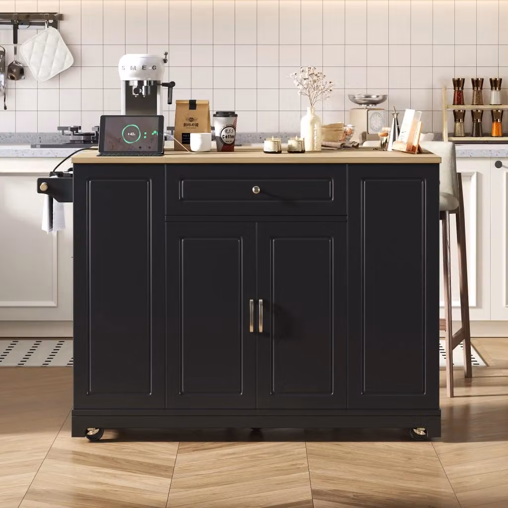 Carrello da cucina mobile moderno con cassetti e vano aperto, dotato di prese AC, USB e USB-C, disponibile in nero o marrone, L: 131.8 cm, P: 40-70 cm, H: 93.3 cm – 2