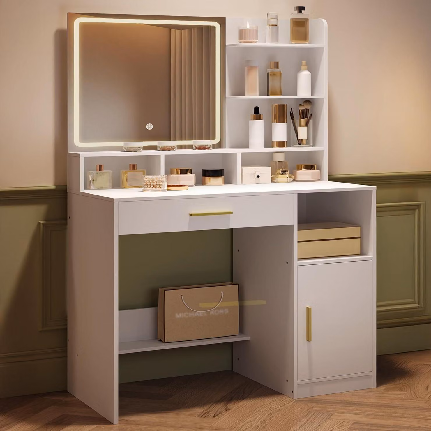Comò da trucco con specchio e illuminazione a LED, bianco, dotato di 3 ripiani, 4 scomparti, un cassetto e un armadietto