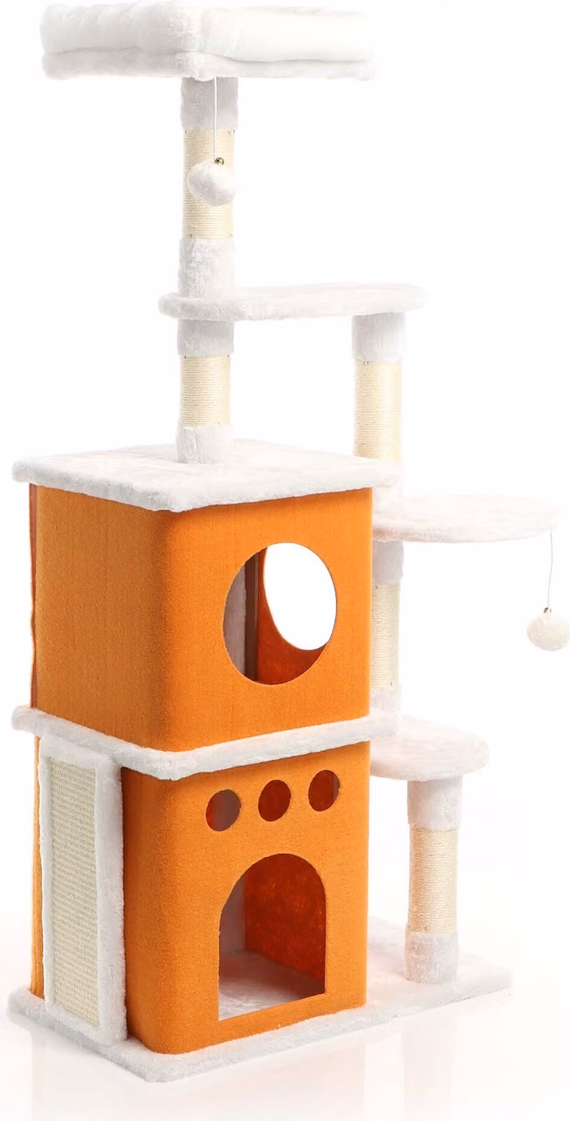 Tiragraffi Fudajo in bianco/marrone alto 125 cm, tiragraffi per gatti con 2 casette per gatti e aree per sdraiarsi, albero per gatti con sisal, peluche e palline da gioco