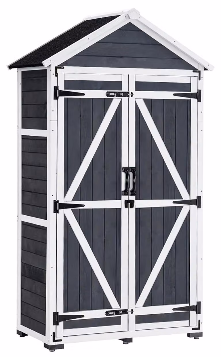 Armadietto da giardino in legno, colore grigio, larghezza 90 cm, con tetto a falda