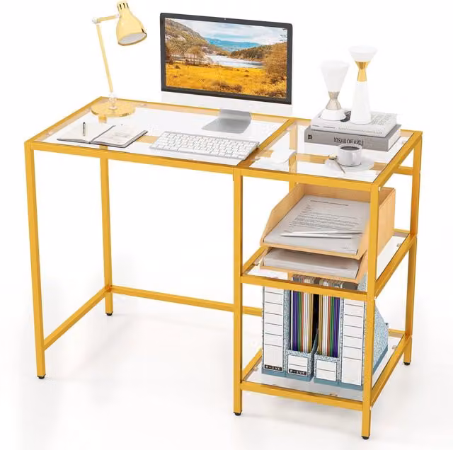 Scrivania Design In in vetro temperato trasparente con struttura in acciaio oro e 2 ripiani, L 106 x P 51 x H 77,5 cm