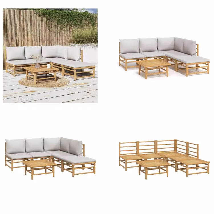 vidaXL Set da salotto da giardino in 6 pezzi con cuscini in bambù grigio chiaro - Set da salotto da giardino - Set da salotto - Set da arredo da giardino