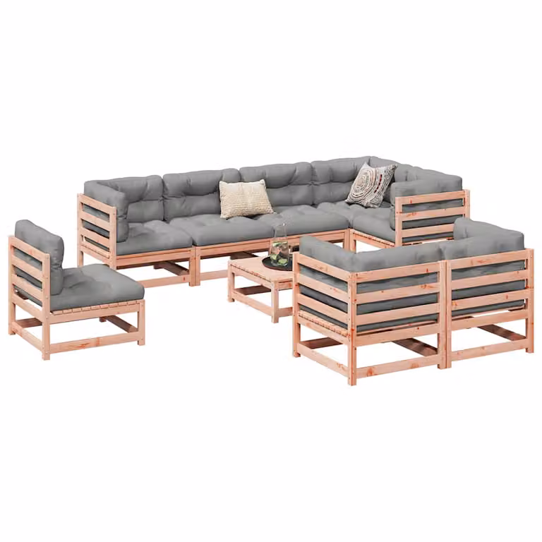 Set di Divani da Giardino vidaXL 9 Pezzi in Legno Massello con Cuscini, Composizione a L con Elementi Angolari, Divani a 3 Posti e Pouf, Colore Marrone e Grigio