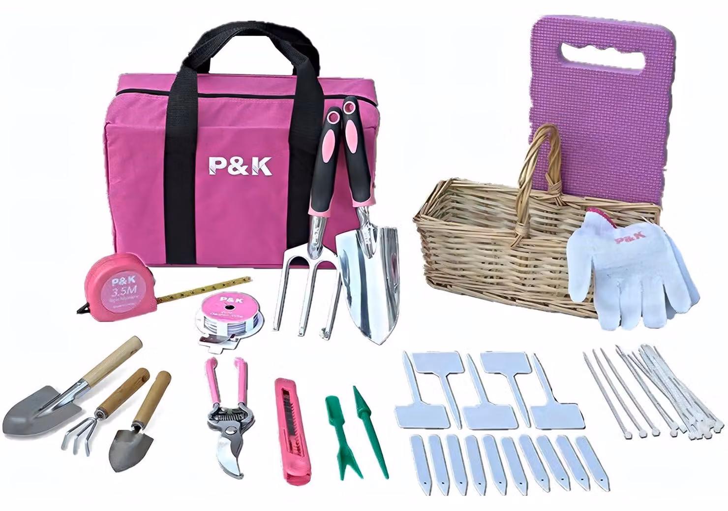 Set di attrezzi da giardino, 49 pezzi, color rosa, con cesto e tasche, per la cura delle piante