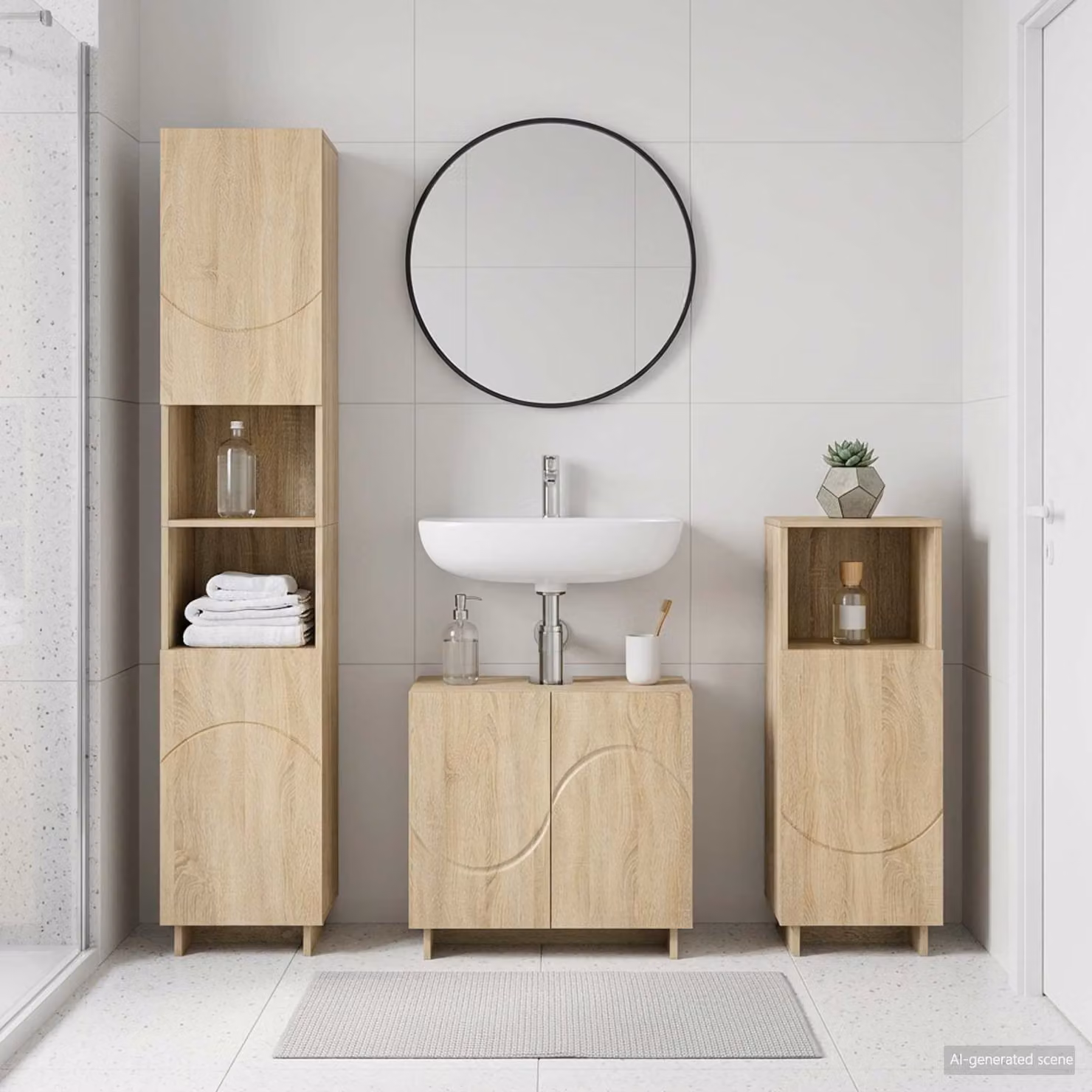 Set di mobili da bagno moderno vidaXL in 3 pezzi color rovere beige con base lavabo, colonna alta e mobile laterale
