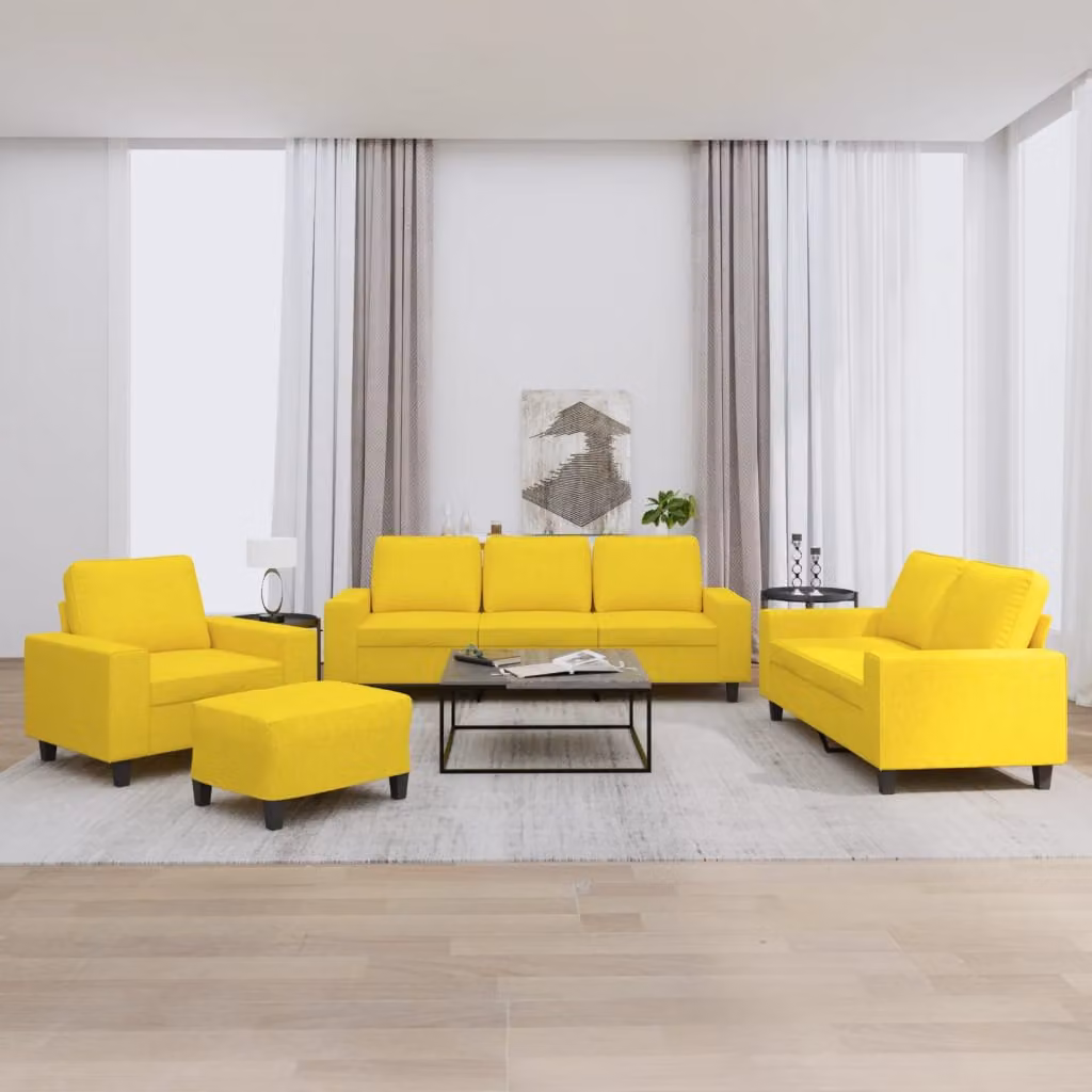 Set di divani 4 pezzi vidaXL in tessuto giallo moderno con divano a 3 posti, divano a 2 posti, pouf e cuscini per il tuo soggiorno – 1