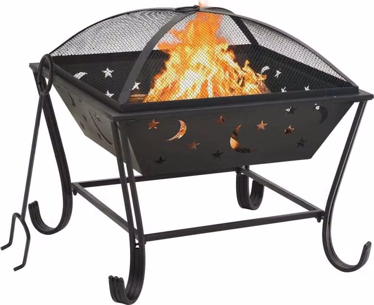 The Living Store Cestino per il fuoco con attizzatoio 62 cm XXL in acciaio