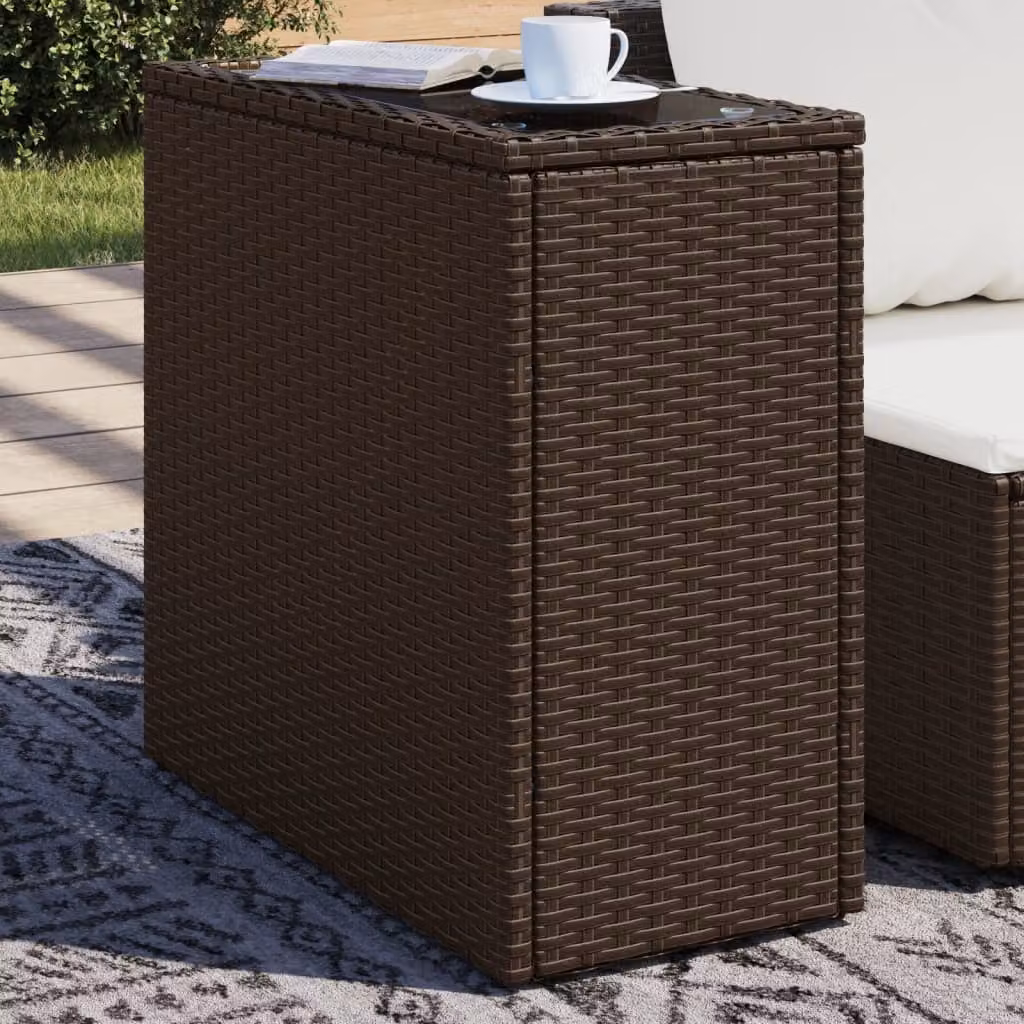 Tavolino da giardino moderno vidaXL in polyrattan marrone con piano in vetro L: 58 cm, P: 27,5 cm, H: 55 cm