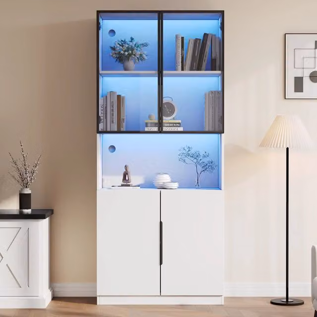 Vetrina moderna WISHDOR bianca con porte in vetro e illuminazione LED integrata, L: 80 cm, P: 30 cm, H: 200 cm