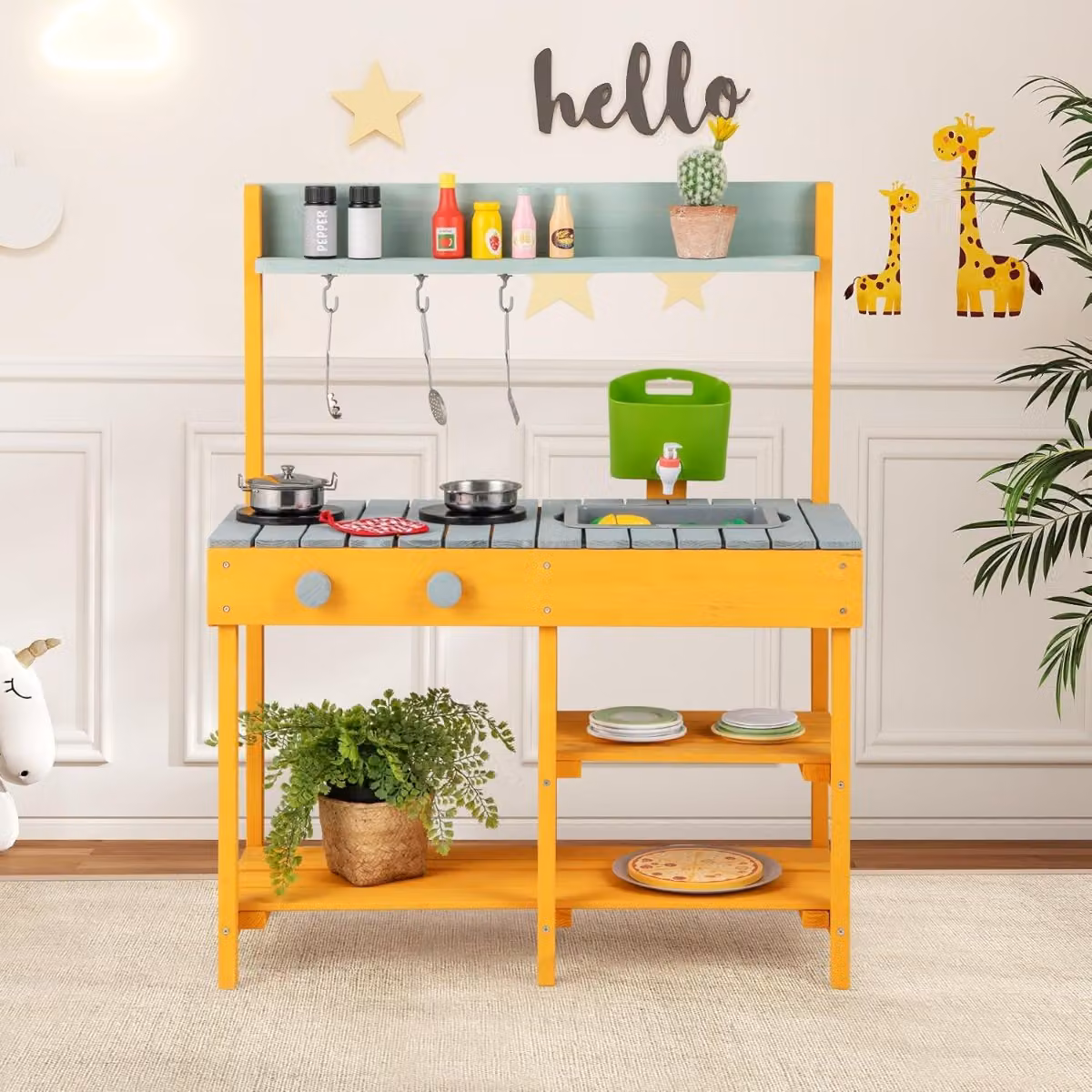 Cucina giocattolo da esterno Costway in legno multicolore con serbatoio d'acqua e rubinetto realistico