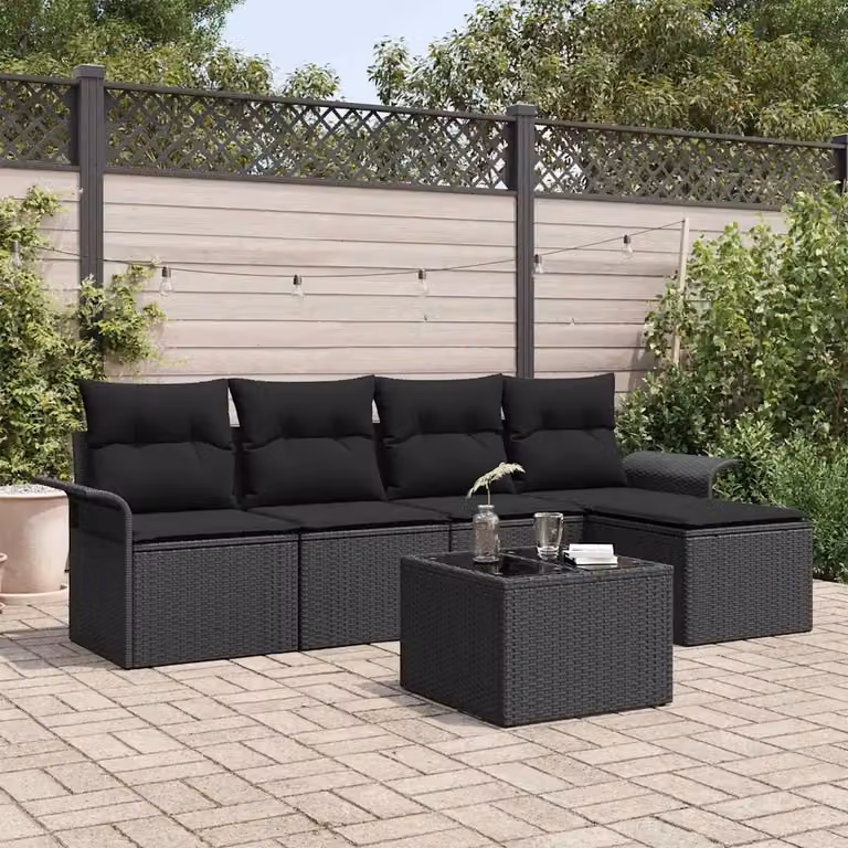 Set Divano da Giardino a L vidaXL 6 Pezzi Nero con Cuscini e Tavolino in Polyrattan e Metallo