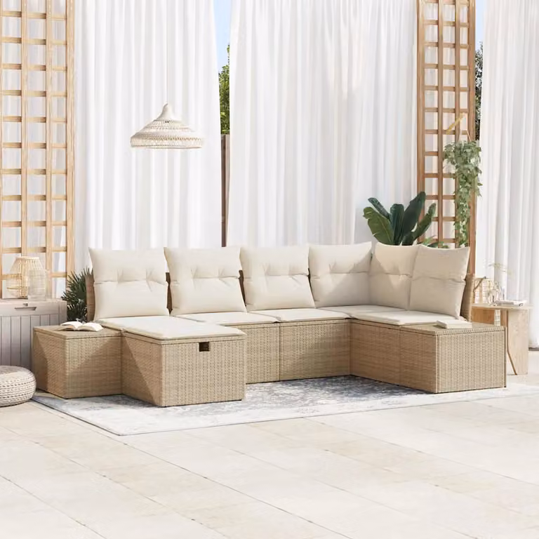 Set di divani da giardino vidaXL a forma di L con 6 pezzi, polyrattan e cuscini beige